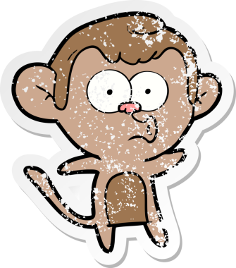 Bir insan tarafından çizilmiş üzgün bir çizgi film çıkartması. Şaşırmış bir maymun.