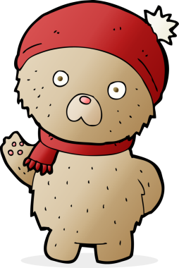 Bir insan tarafından çizilmiş, kış şapkalı ve atkılı oyuncak ayı.