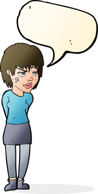 Bir insan tarafından çizilmiş konuşma baloncuğuyla yüzünde alçı olan karikatür kadın.