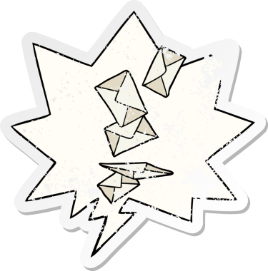 Konuşma baloncuğuyla düşen karikatür zarfları bir insan tarafından çizilmiş sıkıntılı eski bir çıkartma