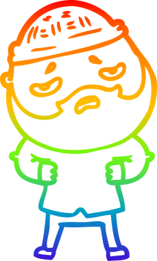 Bir insan tarafından çizilmiş sakallı, endişeli bir çizgi film çizimi.