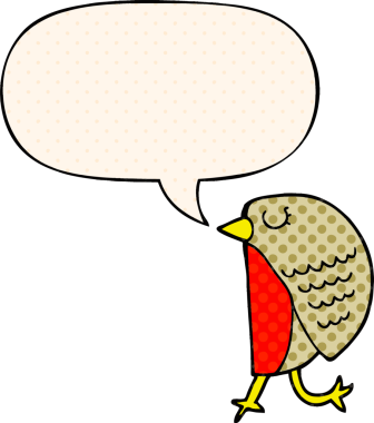 Bir insan tarafından çizilmiş çizgi roman tarzında konuşma baloncuğu olan çizgi film kuşu.