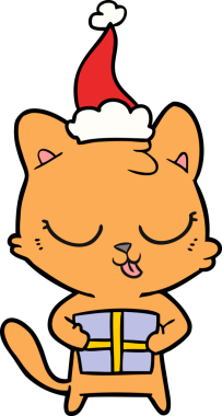 Bir insan tarafından çizilmiş Noel Baba şapkası takan bir kedi çizilmiş.