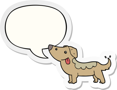 Bir insan tarafından çizilmiş konuşma balonu çıkartmalı çizgi film köpeği.