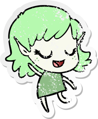 Bir insan tarafından çizilmiş mutlu bir elf kızının sıkıntılı çıkartması.