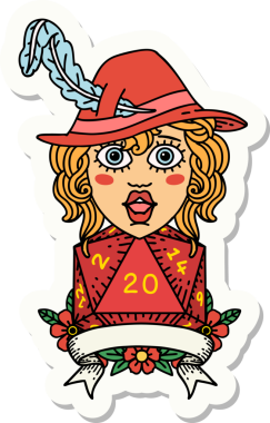 Bir insan ozan karakterinin çıkartması. Bir insan tarafından çizilmiş doğal 20 zar.