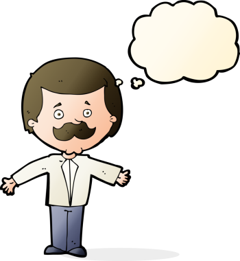 Çizgi filmlerdeki bıyıklı adam, kolları açık, düşünce baloncuğu çizen bir insan.