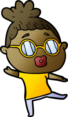 Bir insan tarafından çizilmiş gözlüklerle dans eden karikatür kadını.