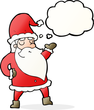 Bir insan tarafından çizilmiş düşünce baloncuklu Noel Baba çizgi filmi.