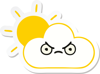 Bir insan tarafından çizilmiş şirin bir karikatür güneş ışığı ve bulut çıkartması.