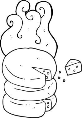 Bir insan tarafından çizilmiş siyah beyaz karikatür peynir çarkı.