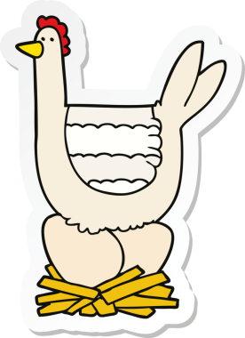 Bir insan tarafından çizilmiş yumurtaların üzerinde oturan çizgi film tavuğunun çıkartması.