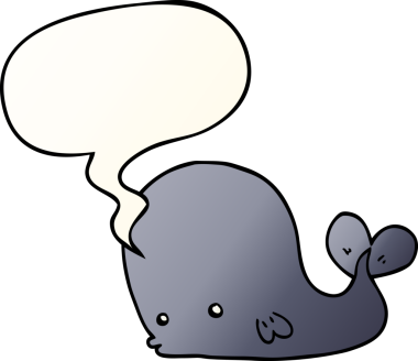 Bir insan tarafından çizilmiş, konuşma baloncuklu çizgi film balinası.