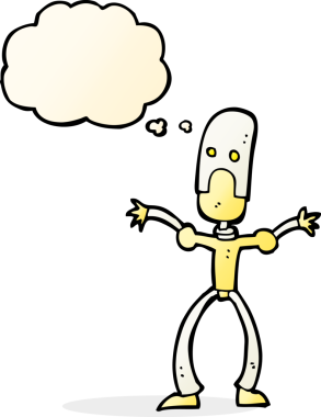 Bir insan tarafından çizilmiş düşünce baloncuklu komik robot.