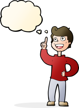 Bir insan tarafından çizilmiş düşünce baloncuğuyla harika bir fikri olan çizgi film çocuğu.