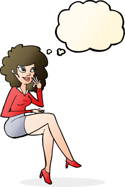 Bir insan tarafından çizilmiş düşünce balonuyla oturan bir ofis kadını.