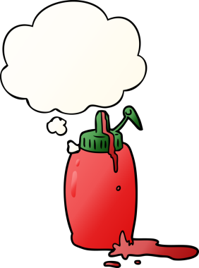 Düşünce baloncuklu ketçap şişesi. Bir insan tarafından çizilmiş.