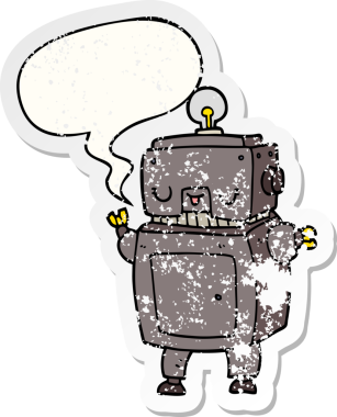 Konuşma baloncuğu olan karikatür robotu bir insan tarafından çizilmiş sıkıntılı eski bir çıkartma