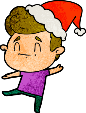 Bir insan tarafından çizilmiş Noel Baba şapkası giyen bir adamın çizilmiş mutlu el çizimi karikatürü.