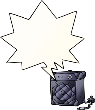 bir insan tarafından çizilmiş, konuşma baloncuklu elektro gitar amfisi.