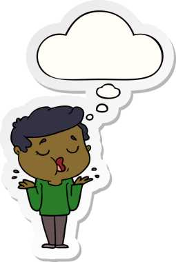 Düşünce baloncuğuyla konuşan ve omuz silken çizgi filmci bir insan tarafından çizilmiş bir çıkartma gibi.