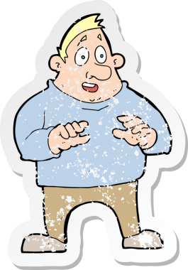 Bir insan tarafından çizilmiş aşırı kilolu bir adamı heyecanlandıran bir karikatürün gerilimli yapıştırması.