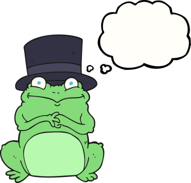 Bir insan tarafından çizilmiş serbest çizim baloncuk kurbağa silindir şapkalı.