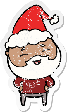 Mutlu sakallı, Noel Baba şapkası takan, bir insan tarafından çizilmiş, kederli bir karikatür.
