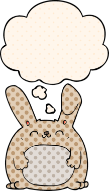 Çizgi roman tarzında bir insan tarafından çizilmiş düşünce kabarcığı olan çizgi film tavşanı.