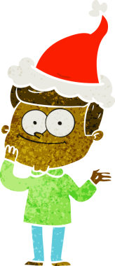 Bir insan tarafından çizilmiş Noel Baba şapkası giyen mutlu bir adamın el çizimi karikatürü.