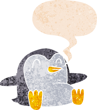 grunge 'da konuşma balonu olan karikatür pengueni bir insan tarafından çizilmiş tedirgin geçmiş dokulara sahip.