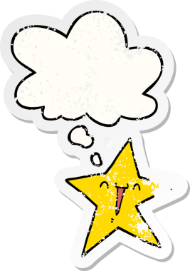 Düşünce baloncuğu olan mutlu çizgi film yıldızları bir insan tarafından çizilmiş yıpranmış bir çıkartma gibidir.