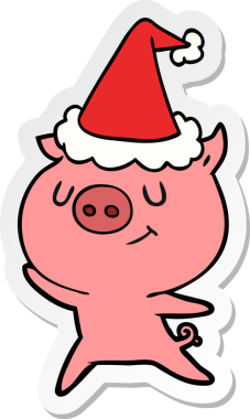 Bir insan tarafından çizilmiş Noel Baba şapkası takan bir domuzun mutlu el çizimi karikatürü.