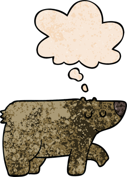 Bir insan tarafından çizilmiş grunge desenli düşünce baloncuklu çizgi film ayısı.