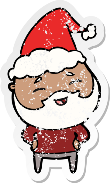 Mutlu sakallı, Noel Baba şapkası takan, bir insan tarafından çizilmiş, kederli bir karikatür.