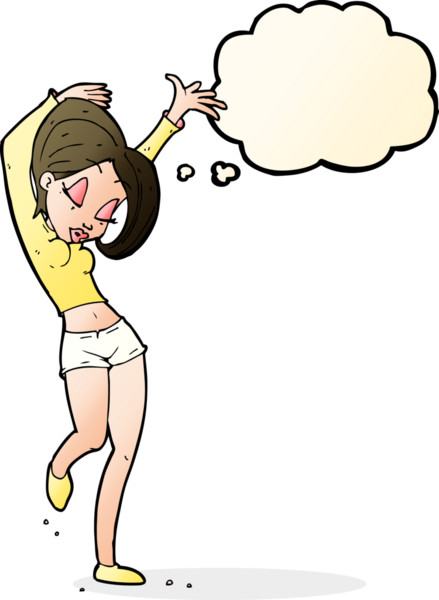 Bir insan tarafından çizilmiş düşünce baloncuğuyla dans eden güzel bir kadın.