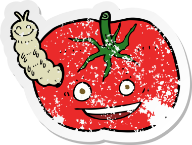 Bir insan tarafından çizilmiş böcekli bir domatesin gerilimli yapıştırması.