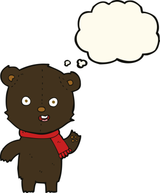 Bir insan tarafından çizilmiş düşünce baloncuklu siyah ayı yavrusunu sallayan çizgi film.