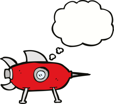 Bir insan tarafından çizilmiş düşünce baloncuklu uzay roketi.