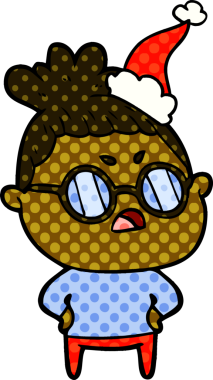 Bir insan tarafından çizilmiş Noel Baba şapkası giyen rahatsız bir kadının el çizimi çizgi roman tasviri.