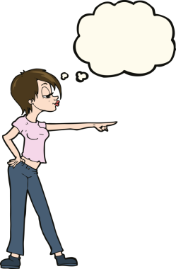 Bir insan tarafından çizilmiş düşünce balonuyla işaret eden çizgi film kadını.