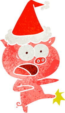 Bir insan tarafından çizilmiş Noel Baba şapkası giymiş domuz bağırıyor ve tekmeliyor.