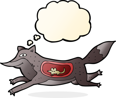 Bir insan tarafından çizilmiş düşünce baloncuğuyla karnında fare olan çizgi film kurdu.