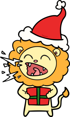 Bir insan tarafından çizilmiş Noel Baba şapkasıyla kükreyen bir aslanın el çizimi.