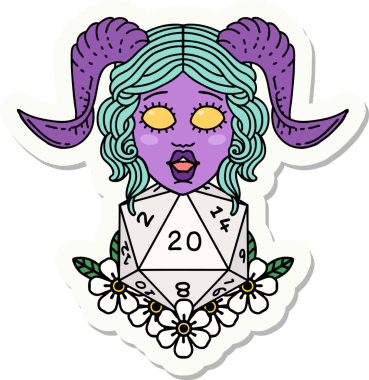 Bir insan tarafından çizilmiş doğal yirmi zarla yapıştırılmış bir etiket.