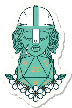 Bir insan tarafından çizilmiş 20 zarlı yarı ork savaşçı karakterinin çıkartması.