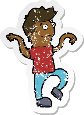 Bir insan tarafından çizilmiş komik bir dans yapan mutlu bir çizgi filmin gerilimli çıkartması.