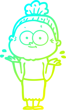 Bir insan tarafından çizilmiş, mutlu, yaşlı bir kadının çizimi.