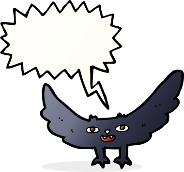 Bir insan tarafından çizilmiş konuşma balonlu korkunç vampir yarasa çizgi filmi.