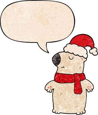 Bir insan tarafından çizilmiş eski dokuda konuşma baloncuğu olan şirin bir çizgi film Noel ayısı.